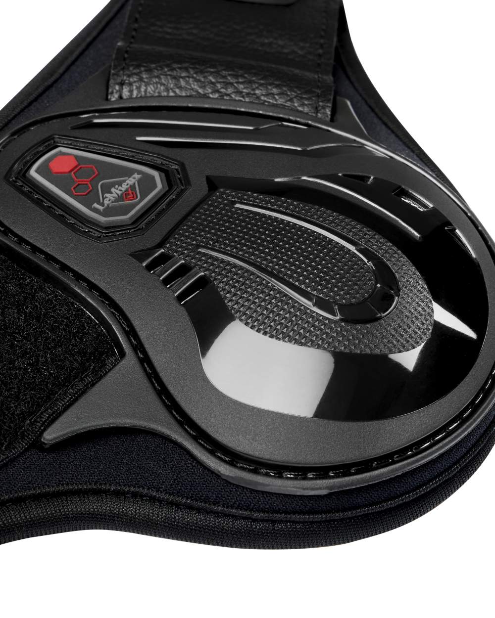 Black coloured LeMieux Impact Compliant Fetlock Boots on white background 