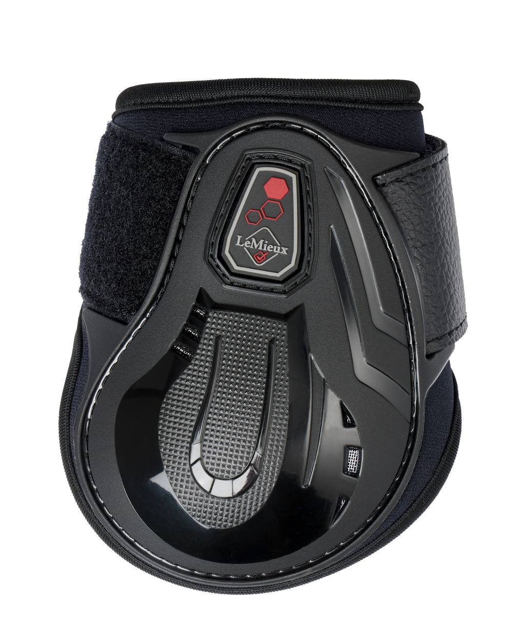Black coloured LeMieux Impact Compliant Fetlock Boots on white background 