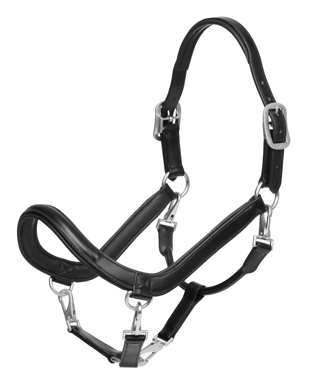 Black coloured LeMieux Leather Grooming Headcollar on white background 