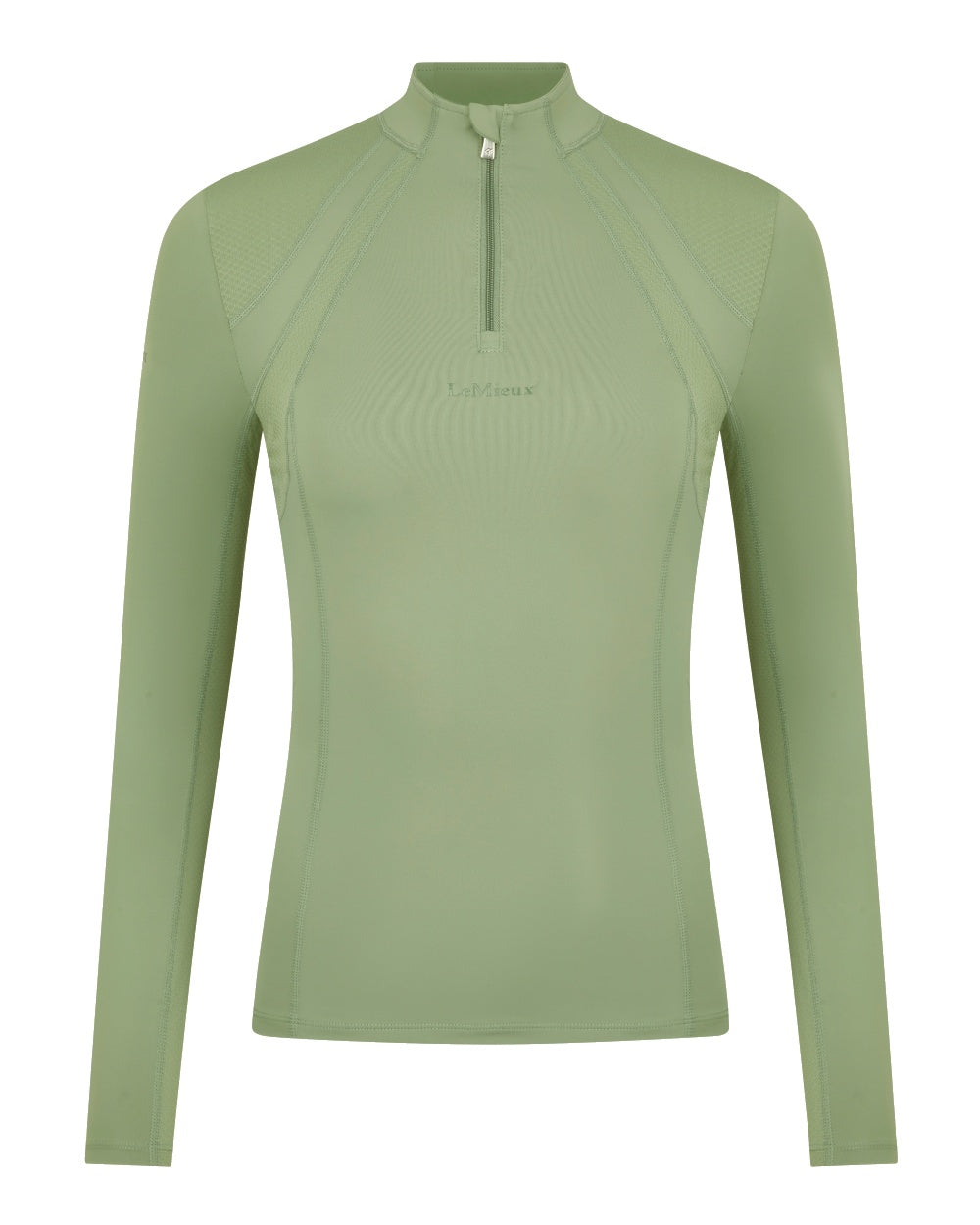 Thyme coloured LeMieux Mia Mesh Long Sleeve Base Layer on white background 