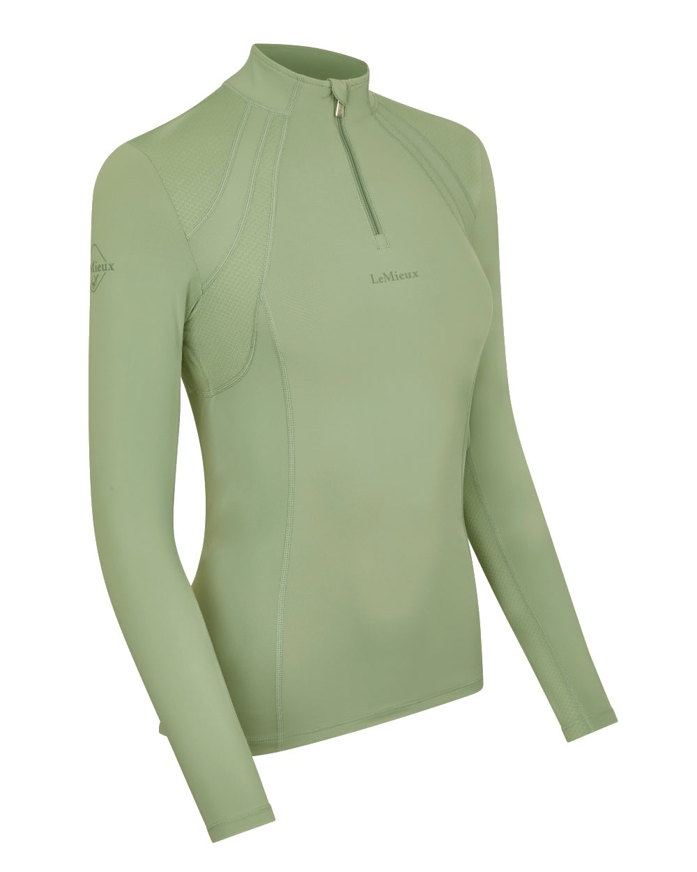 Thyme coloured LeMieux Mia Mesh Long Sleeve Base Layer on white background 