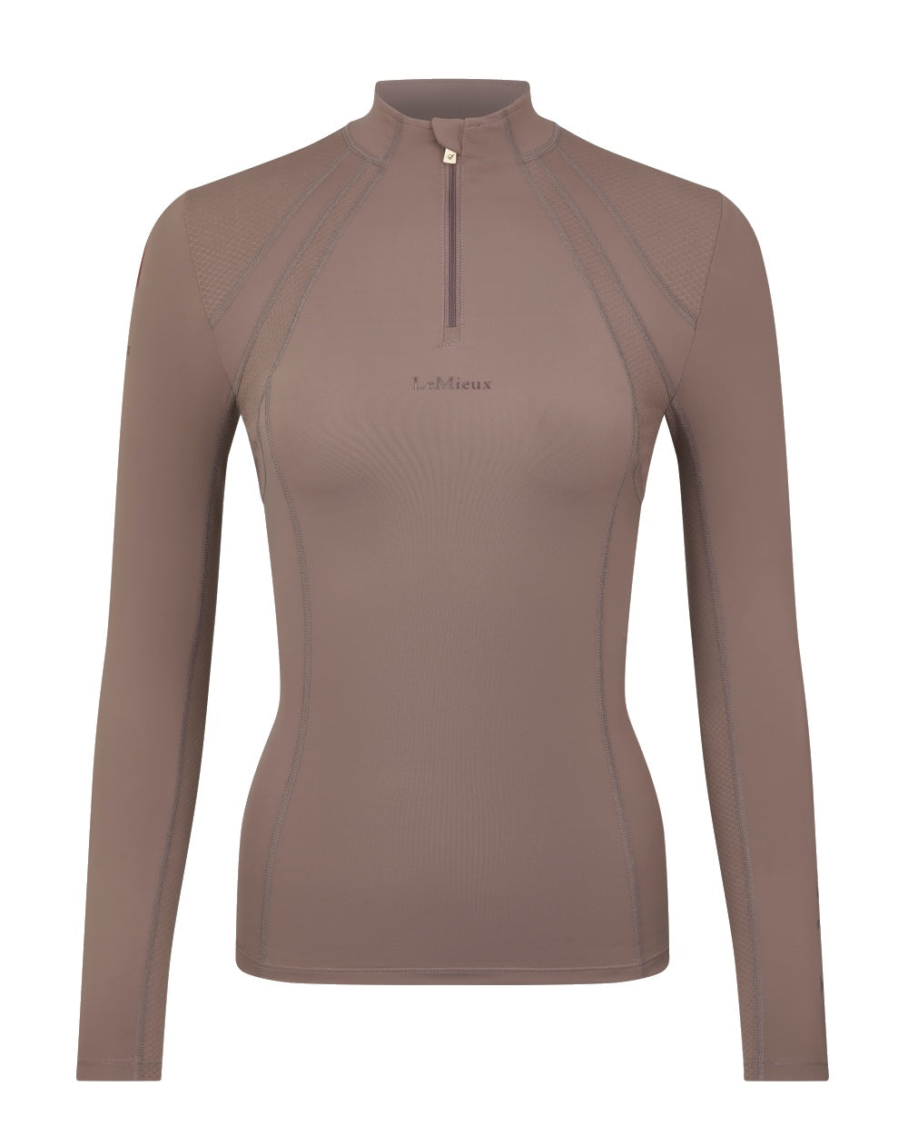 Walnut coloured LeMieux Mia Mesh Long Sleeve Base Layer on white background 