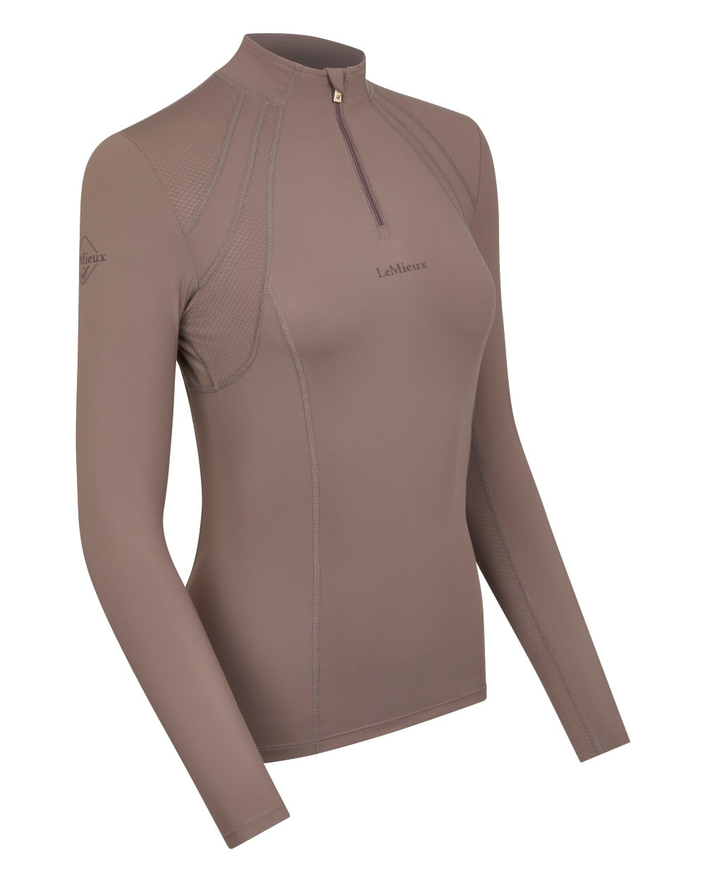 Walnut coloured LeMieux Mia Mesh Long Sleeve Base Layer on white background 