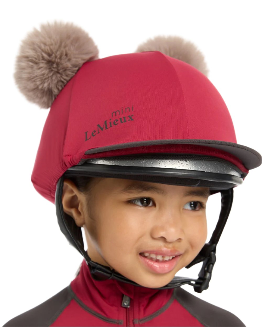 Ember Coloured LeMieux Mini Double Pom Hat Silk On A White Background 