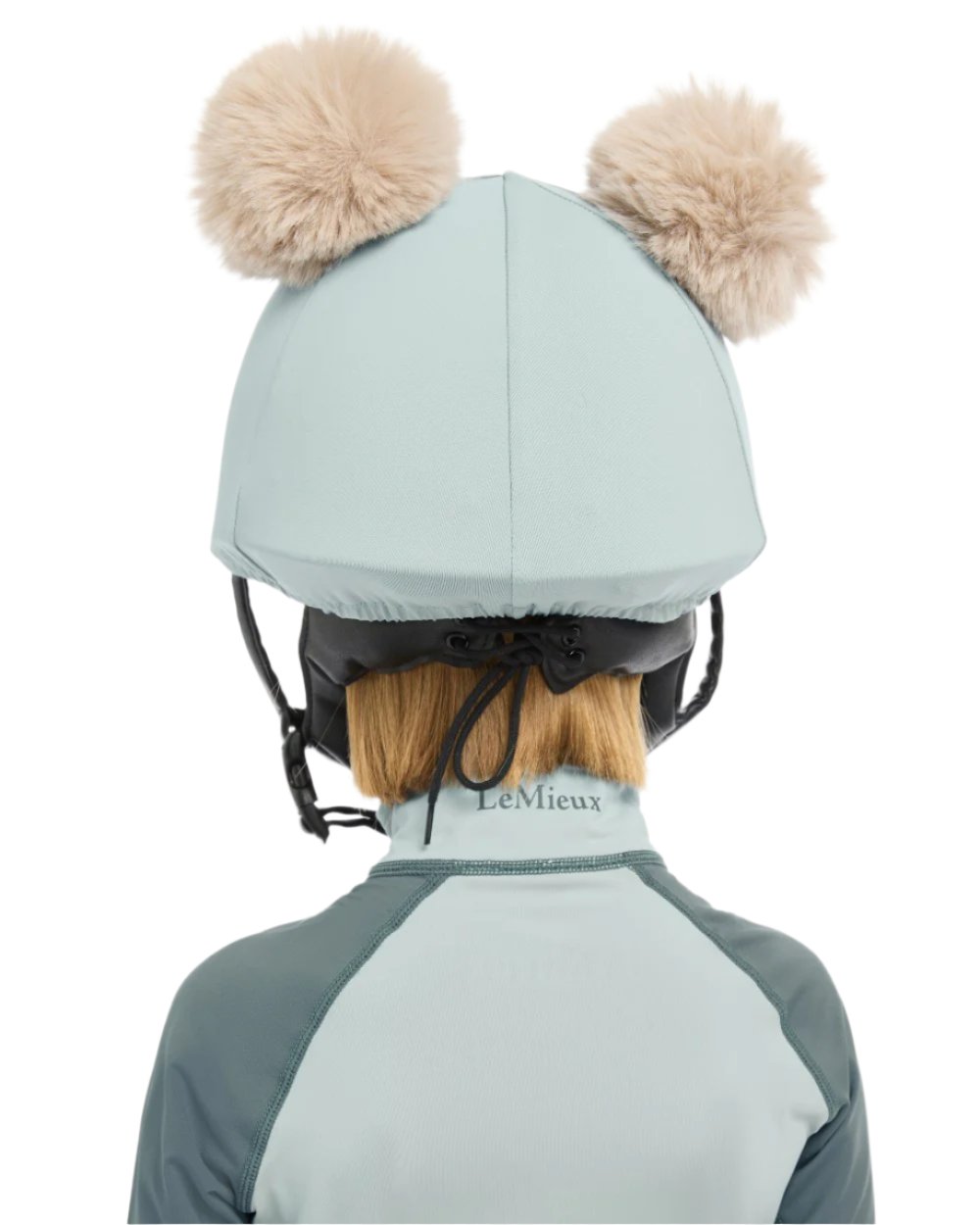 Glacier Coloured LeMieux Mini Double Pom Hat Silk On A White Background 