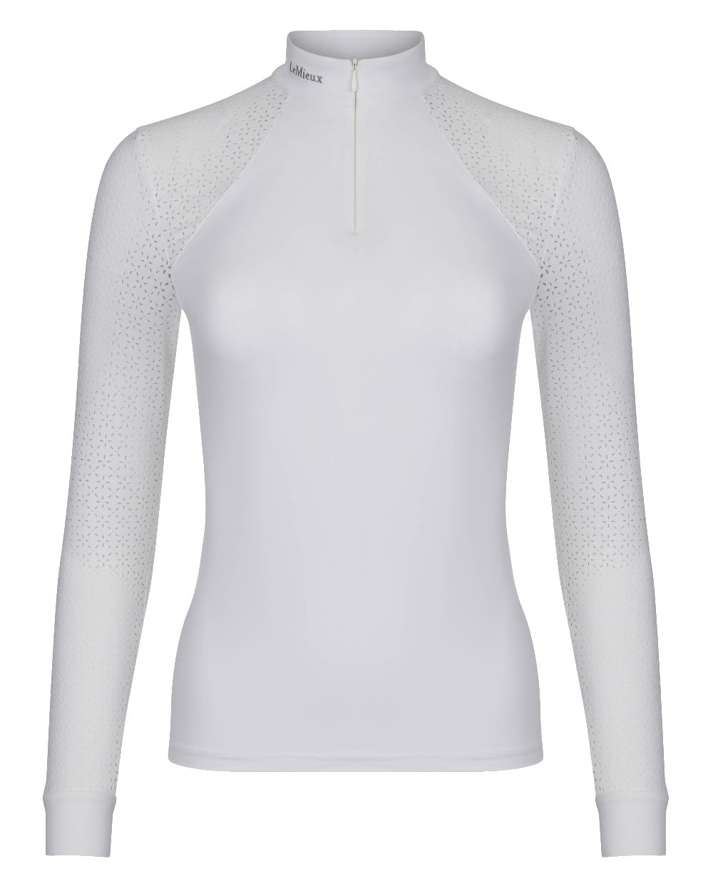 White coloured LeMieux Olivia Long Sleeve Show Shirts on white background 