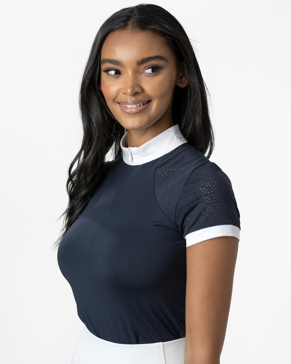 Navy coloured LeMieux Olivia Short Sleeve Show Shirts on grey background 