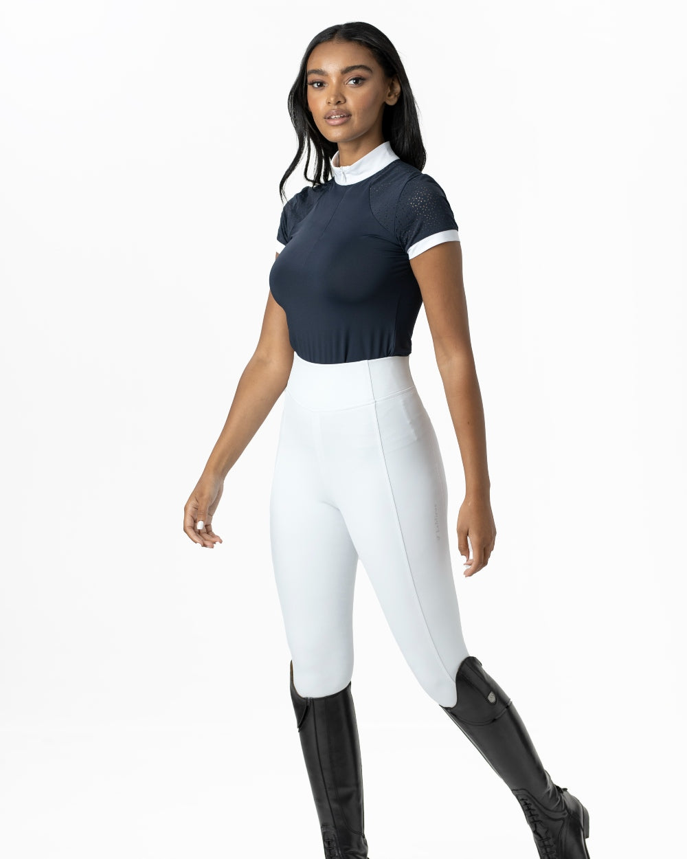 Navy coloured LeMieux Olivia Short Sleeve Show Shirts on grey background 