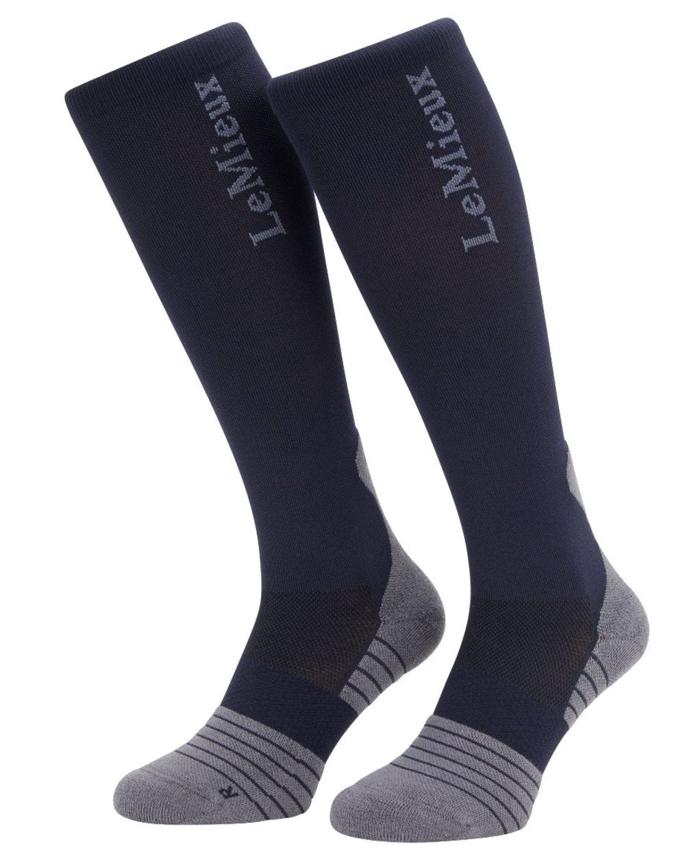 Navy coloured LeMieux Performance Socks on white background 