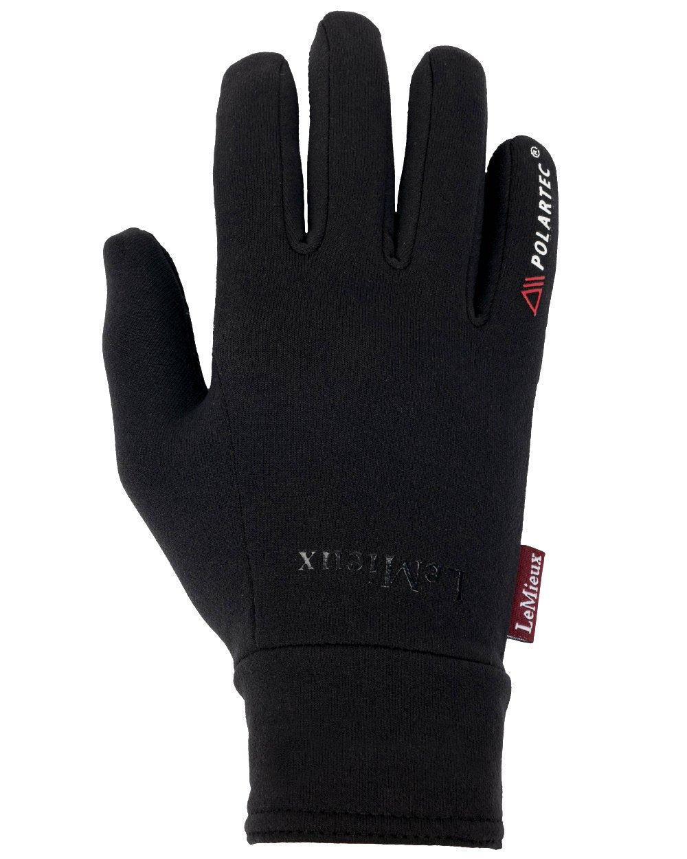 Black coloured LeMieux Polartec Gloves on white background 