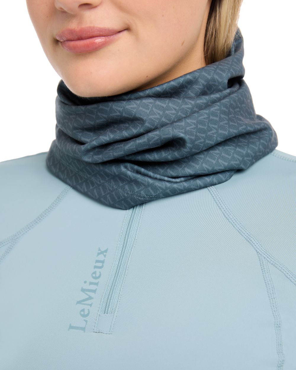 Petrol Coloured LeMieux Printed Stretch Snood On A White Background 