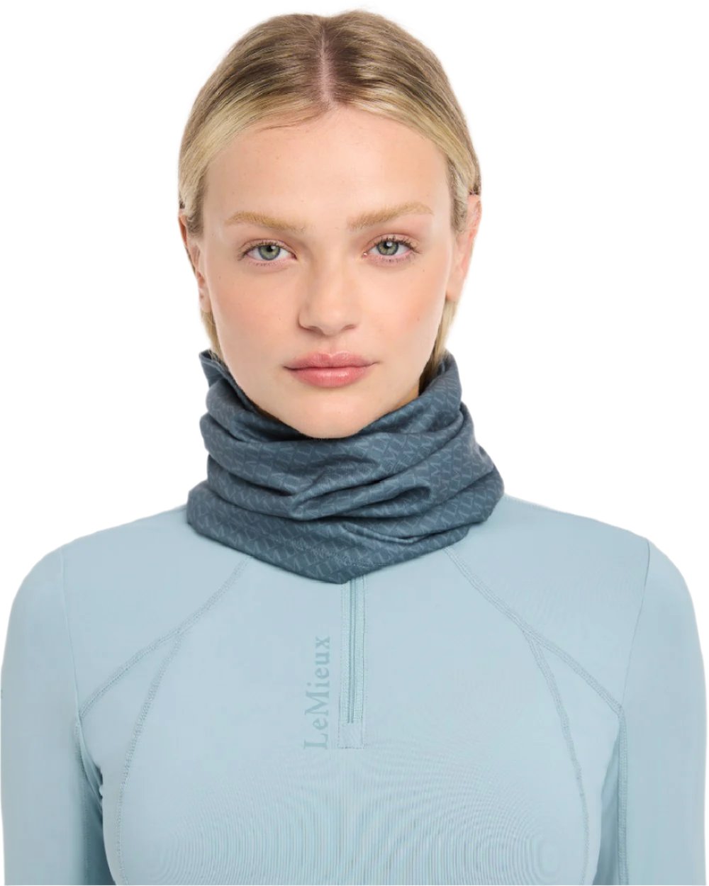 Petrol Coloured LeMieux Printed Stretch Snood On A White Background 