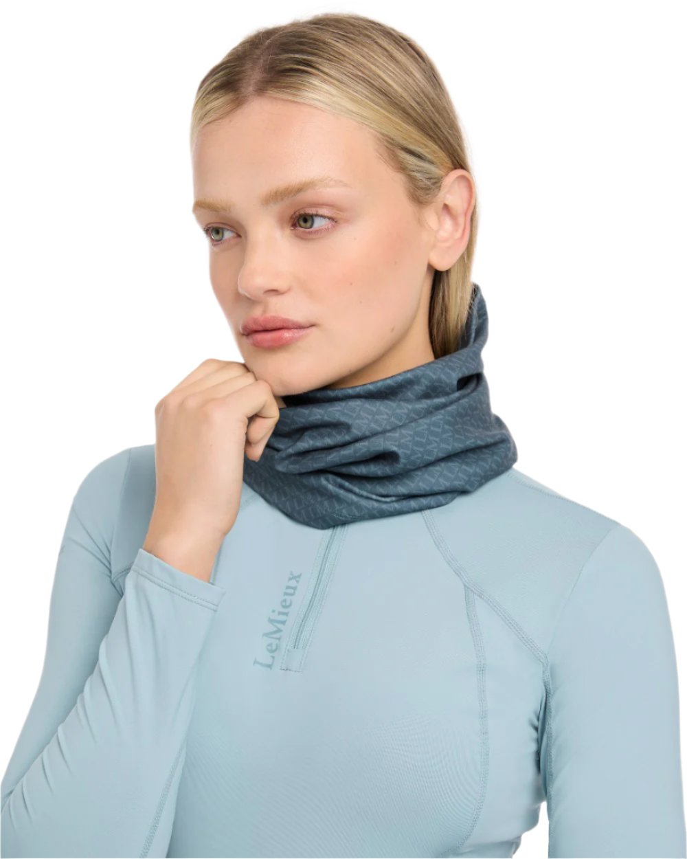 Petrol Coloured LeMieux Printed Stretch Snood On A White Background 