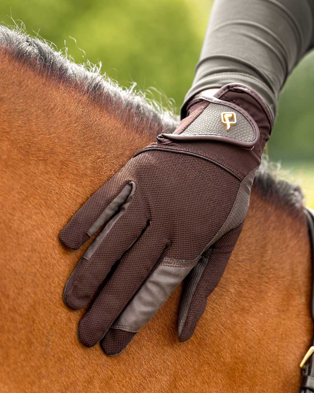Brown coloured LeMieux Pro Mesh Gloves with horse in background 