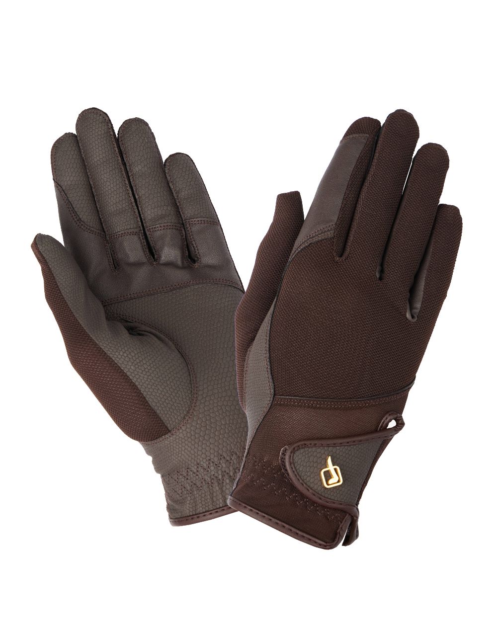 Brown coloured LeMieux Pro Mesh Gloves on white background 