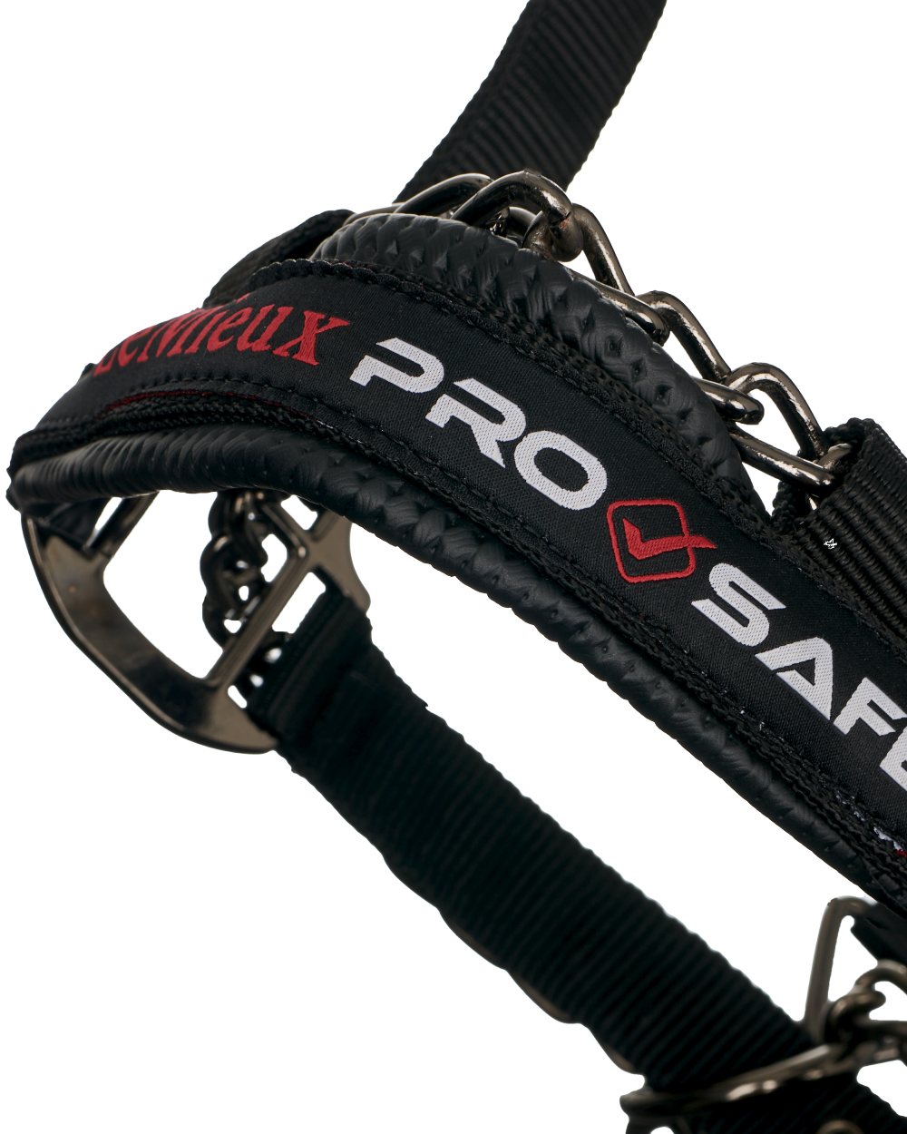 Black coloured LeMieux ProSafe Headcollar on white background 