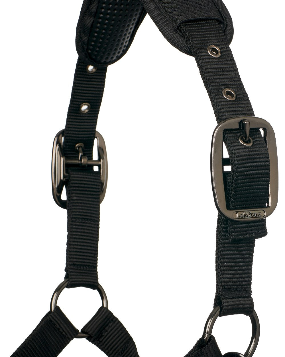 Black coloured LeMieux ProSafe Headcollar on white background 