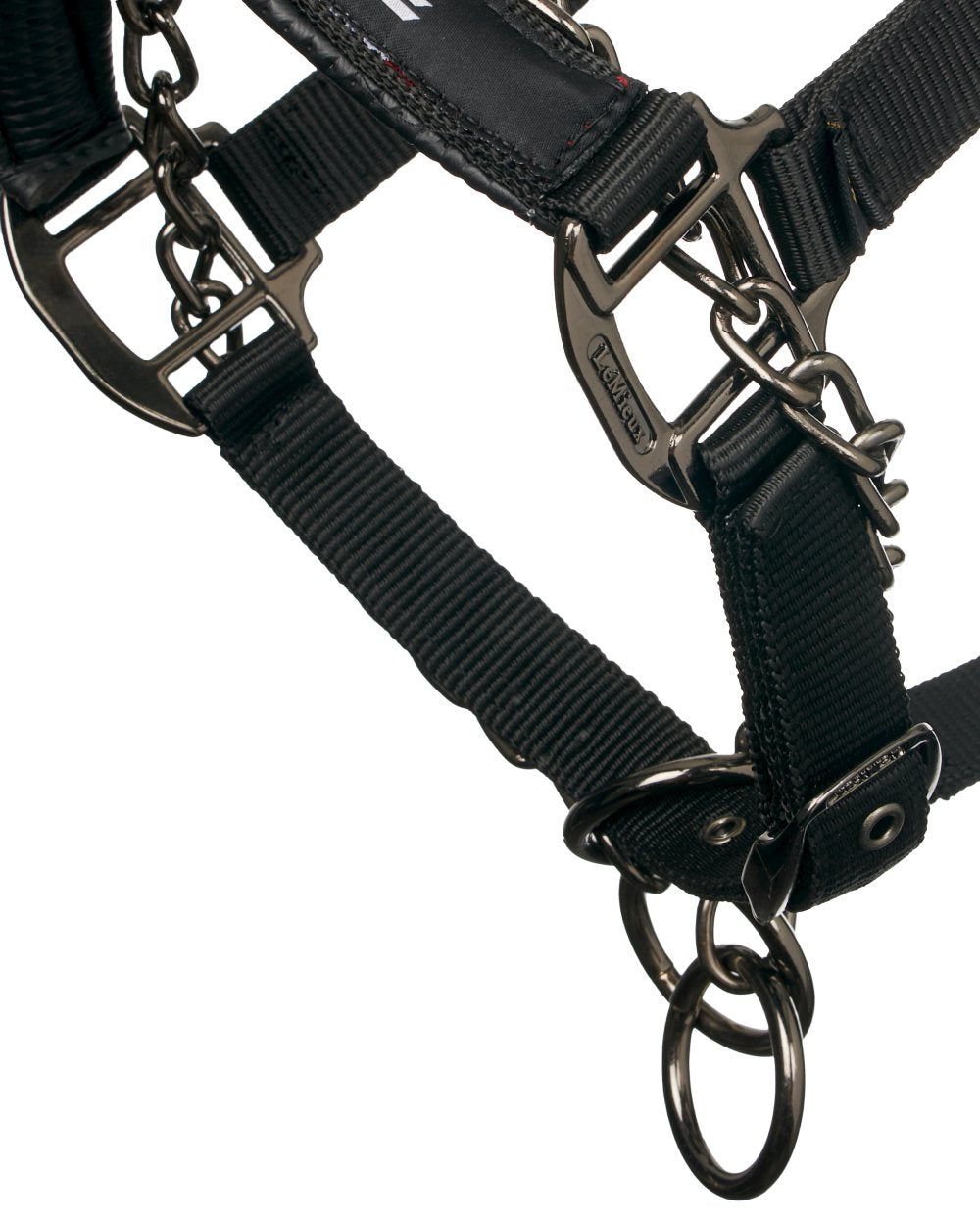 Black coloured LeMieux ProSafe Headcollar on white background 