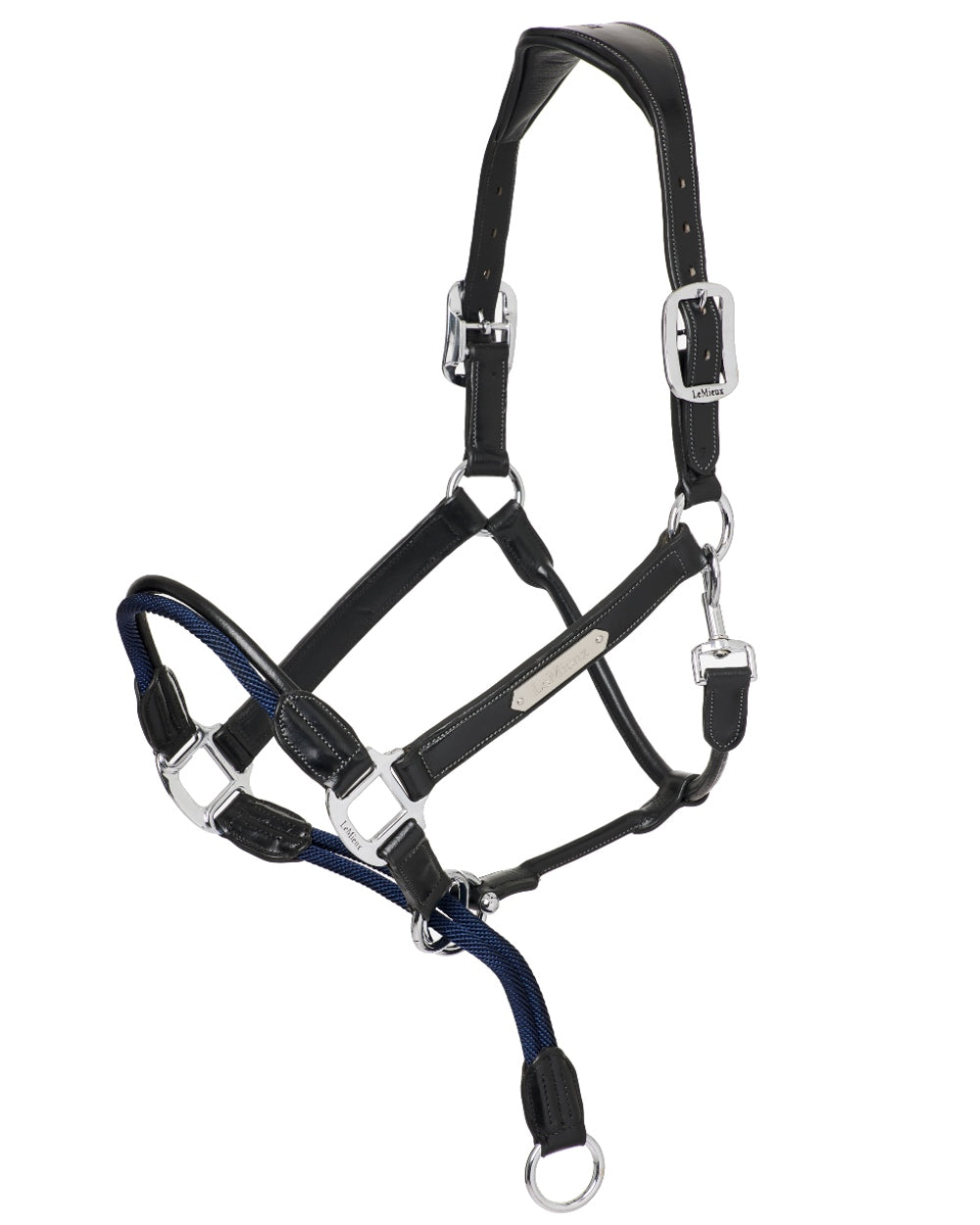 Black coloured LeMieux Rope Control Headcollar on white background 