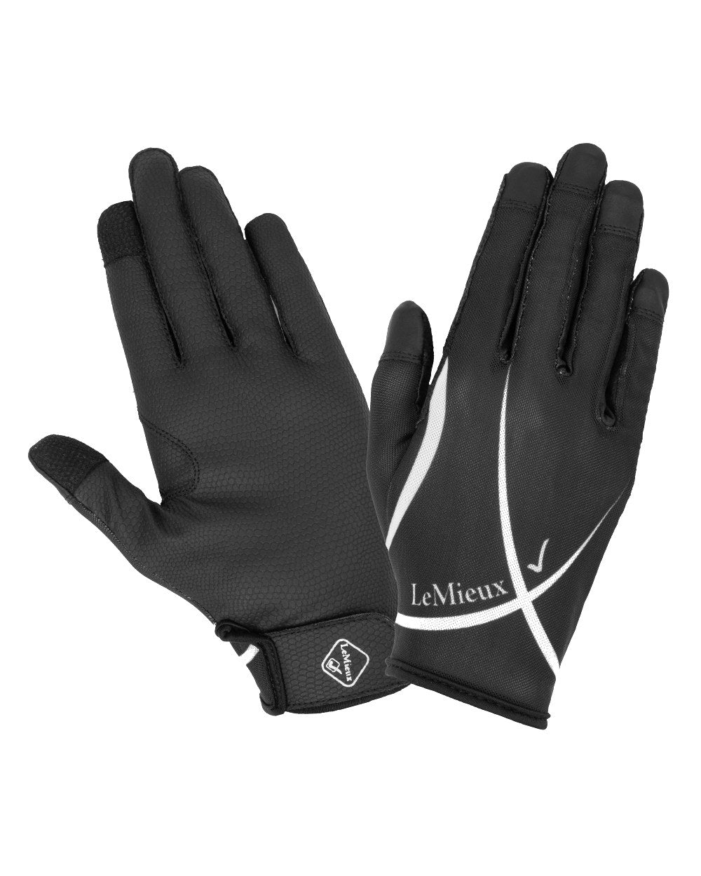 Black coloured LeMieux Soleil Mesh Riding Gloves on white background 