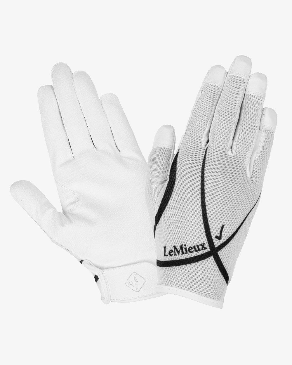 White coloured LeMieux Soleil Mesh Riding Gloves on grey background 