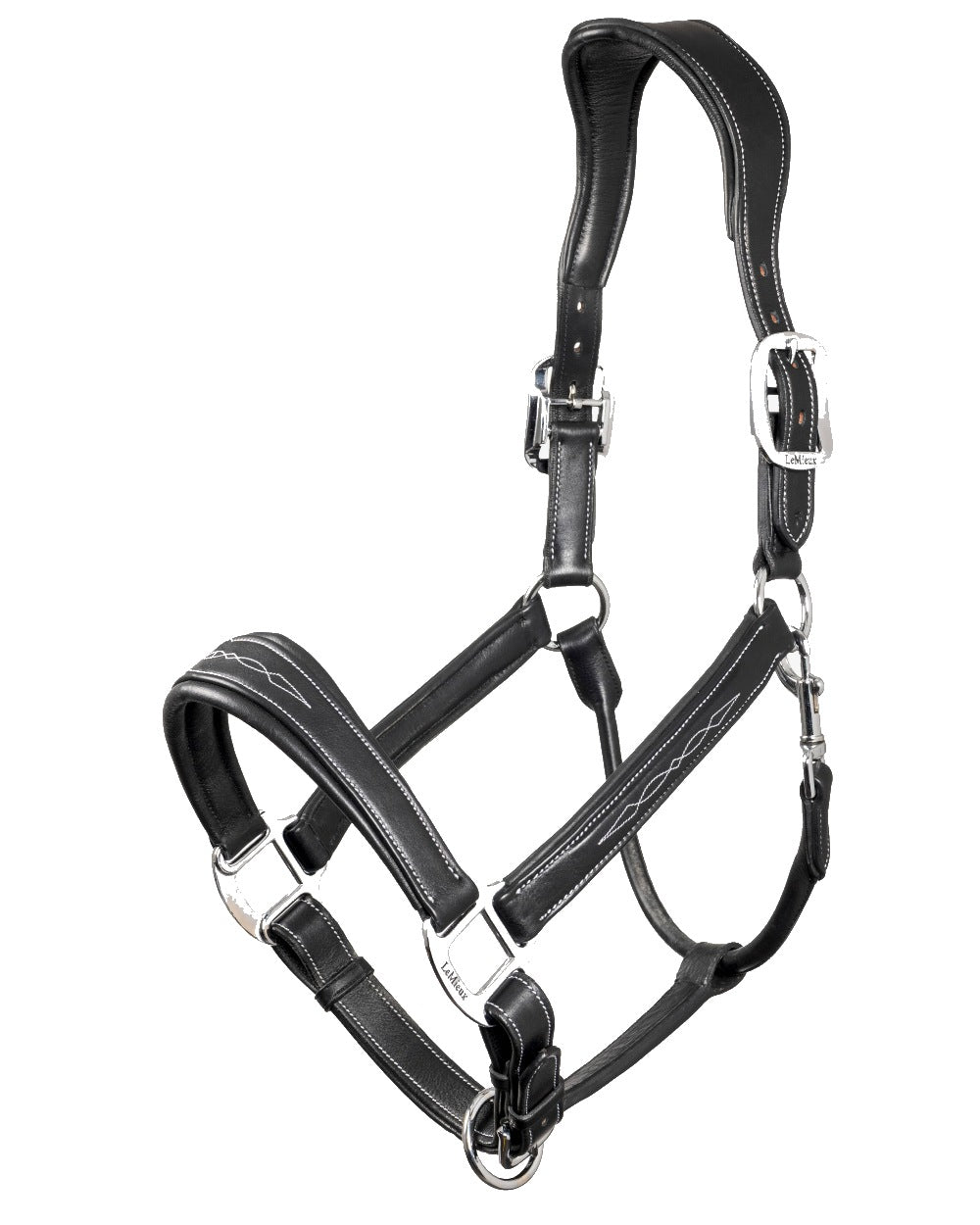 Black coloured LeMieux Stitched Leather Headcollar on white background 