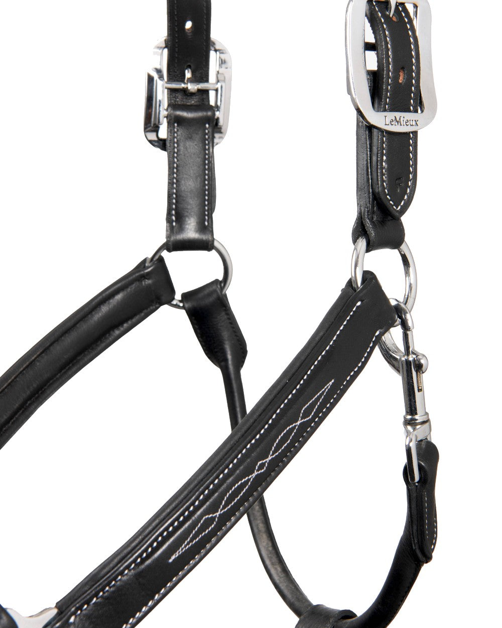 Black coloured LeMieux Stitched Leather Headcollar on white background 