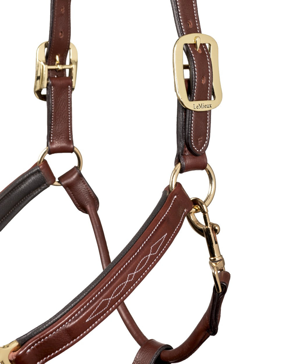 Brown coloured LeMieux Stitched Leather Headcollar on white background 