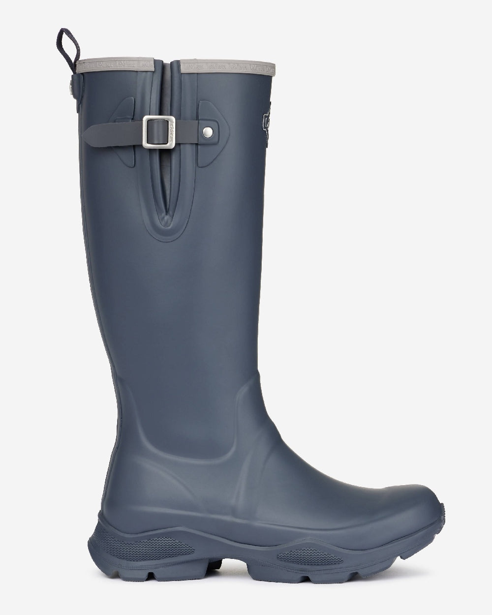 Navy coloured LeMieux Stride Wellington Boots on grey background 