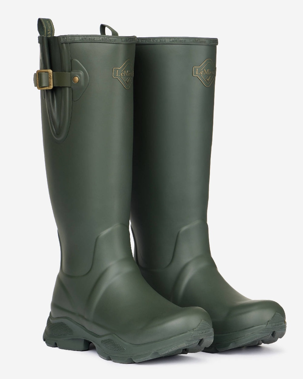 Oak coloured LeMieux Stride Wellington Boots on grey background 