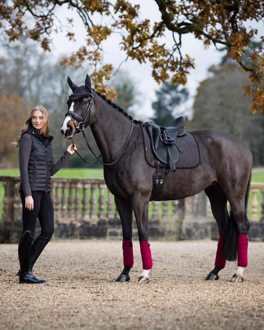 Cinder Coloured LeMieux Suede Dressage Square On A yard Background 