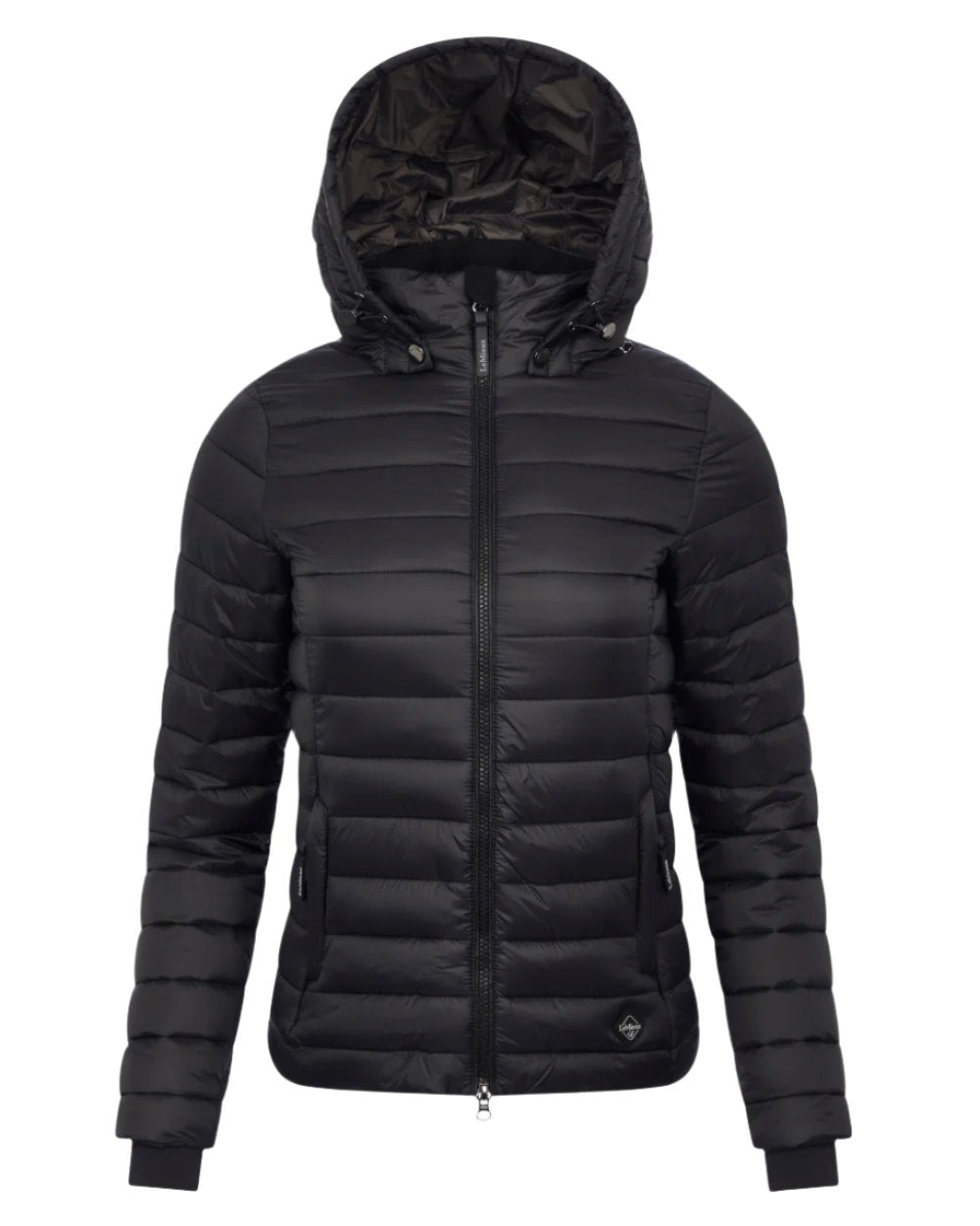 Black Coloured LeMieux Tilly Hooded Puffer Jacket On A White Background 