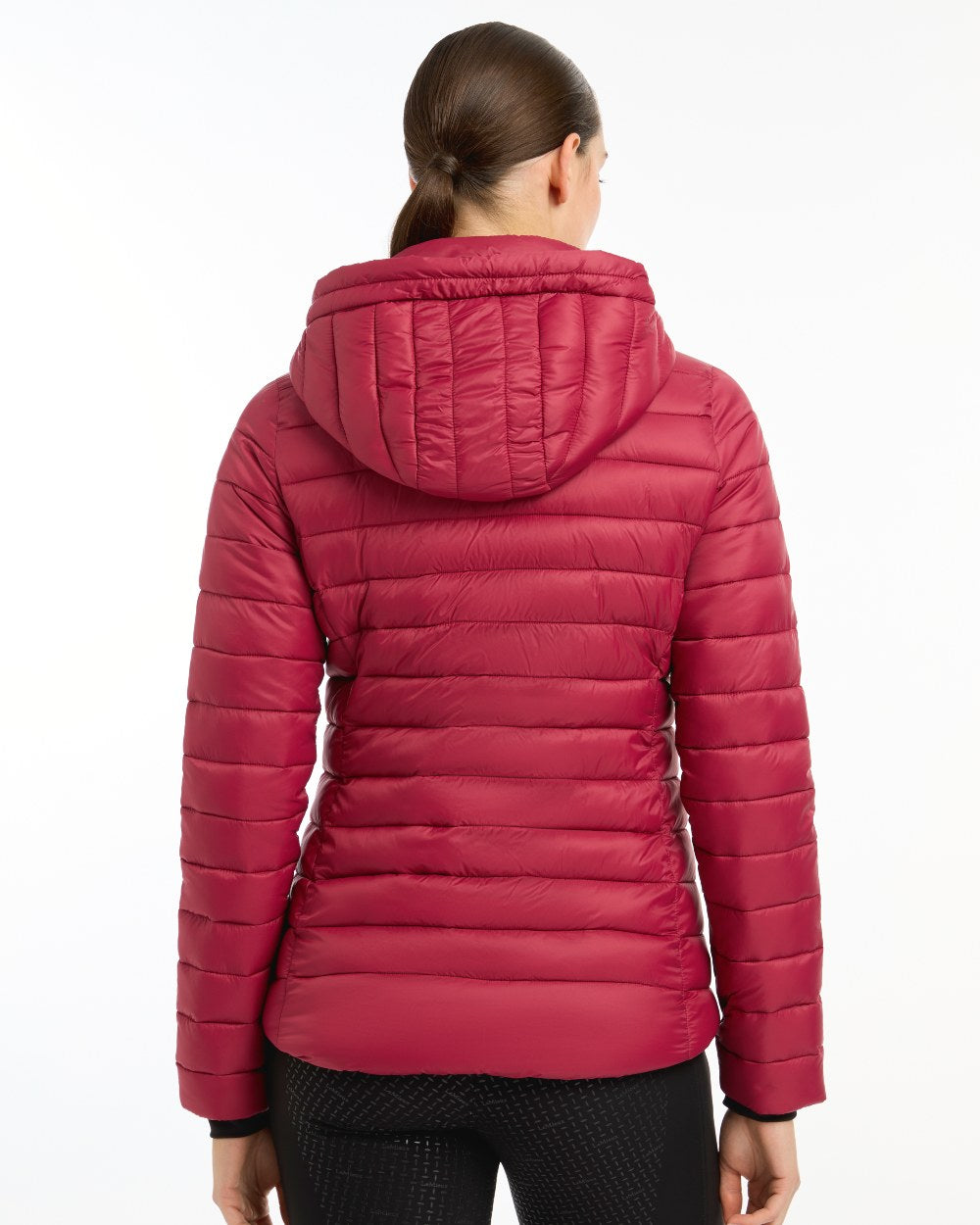 Ember Coloured LeMieux Tilly Hooded Puffer Jacket On A White Background 