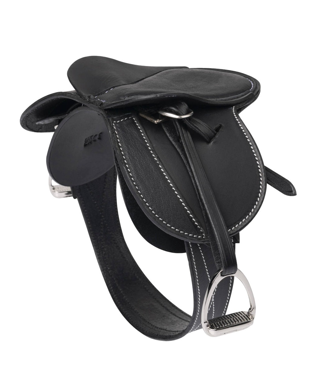 Black coloured LeMieux Toy Pony Saddle on white background 
