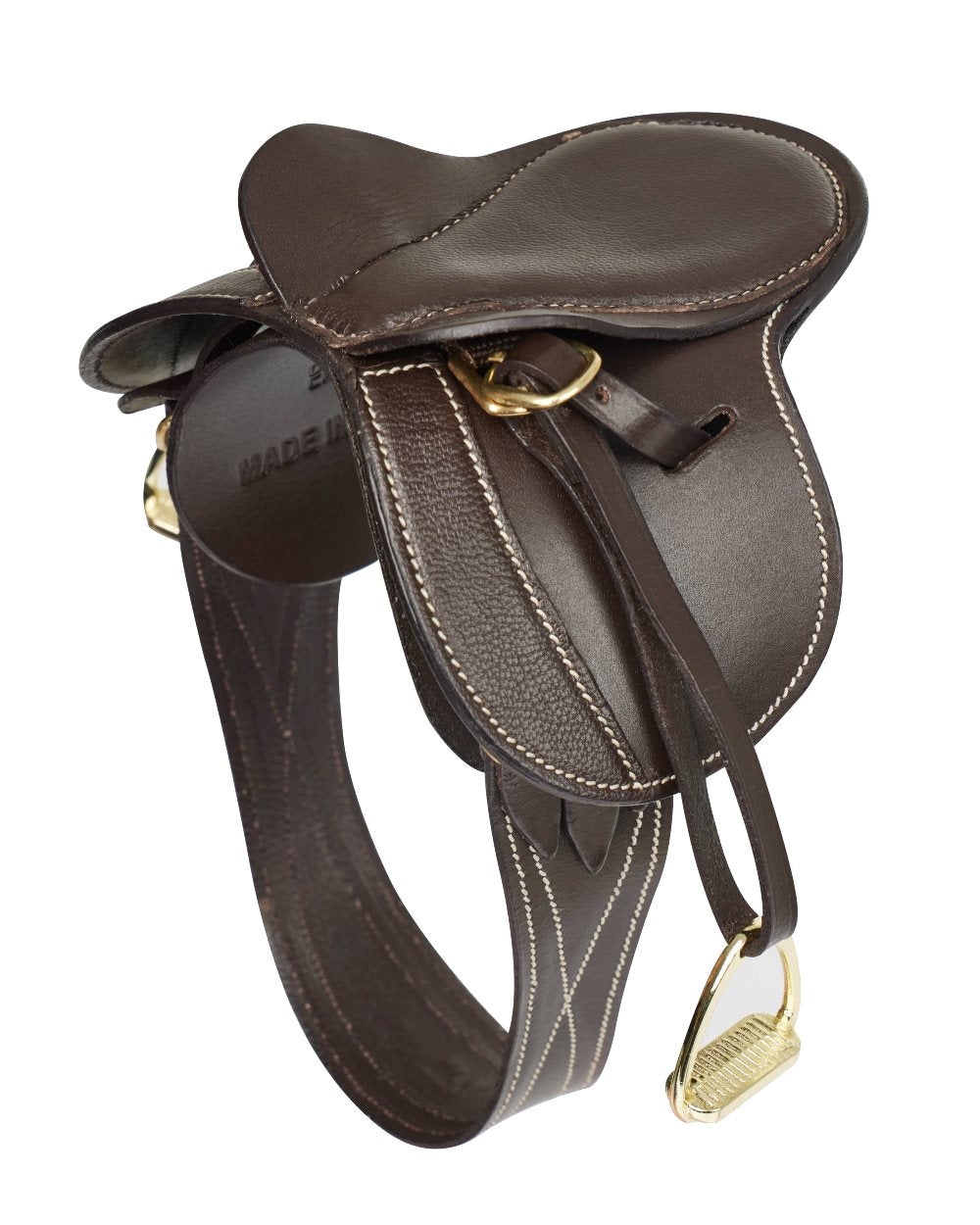 Brown coloured LeMieux Toy Pony Saddle on white background 