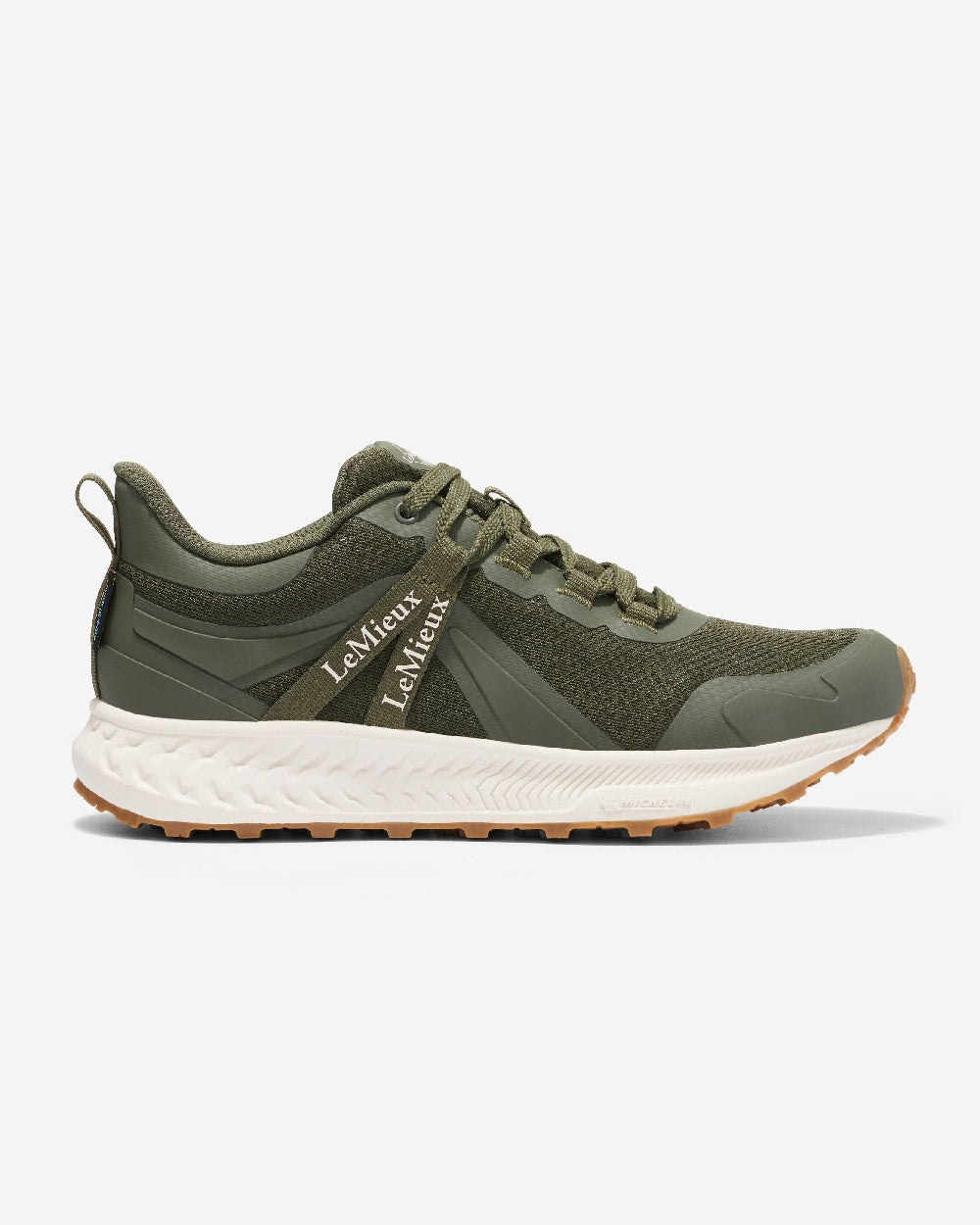 Khaki coloured LeMieux Trax Waterproof Trainers on grey background 