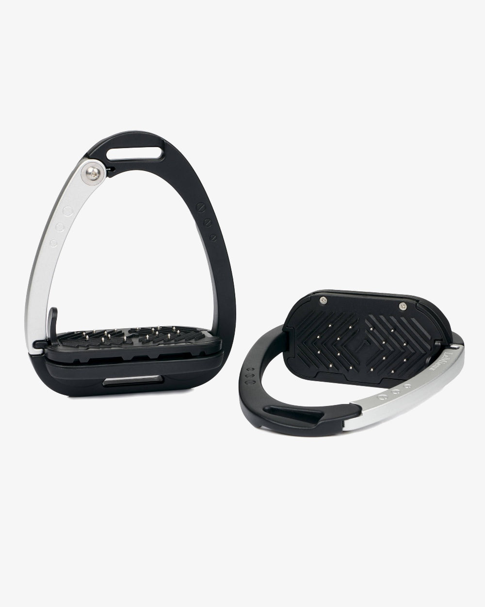 Black/Aluminium coloured LeMieux Vector Balance Stirrup on grey background 