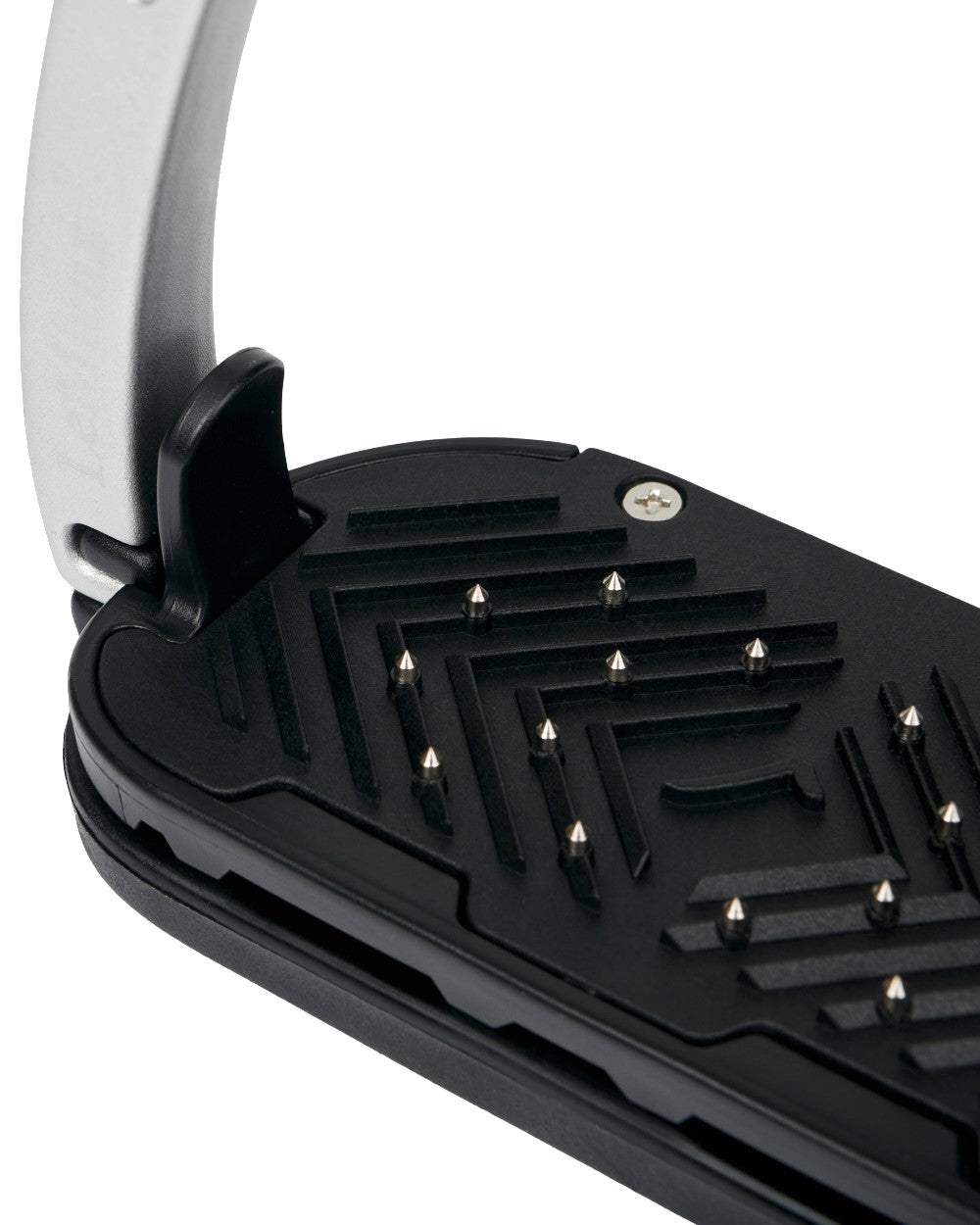 Black/Aluminium coloured LeMieux Vector Balance Stirrup on grey background 