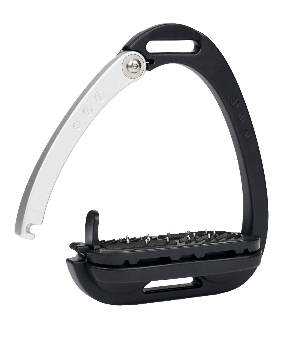 Black/Aluminium coloured LeMieux Vector Balance Stirrup on grey background 