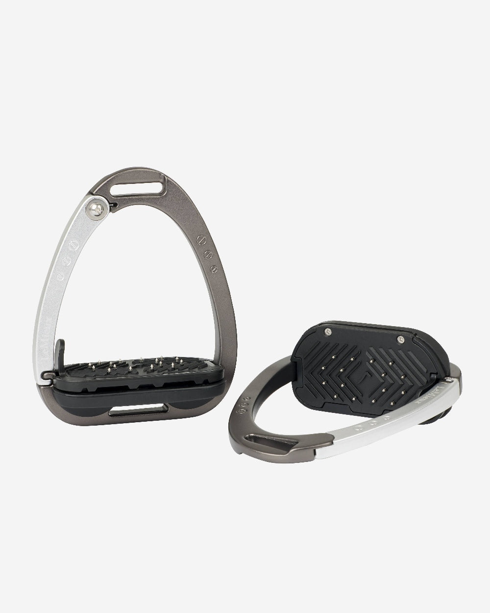 Carbon/Silver coloured LeMieux Vector Balance Stirrup on grey background 