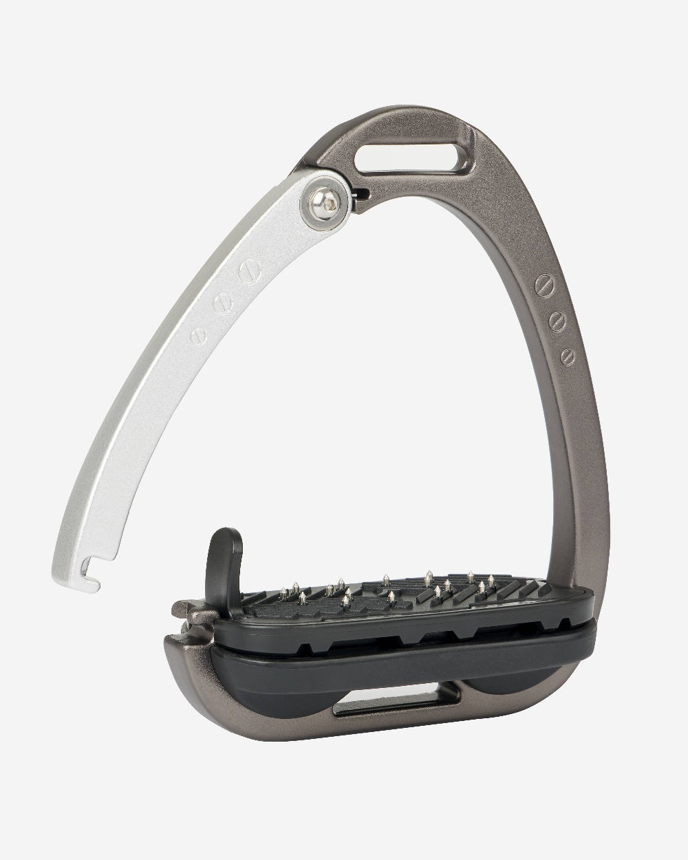 Carbon/Silver coloured LeMieux Vector Balance Stirrup on grey background 