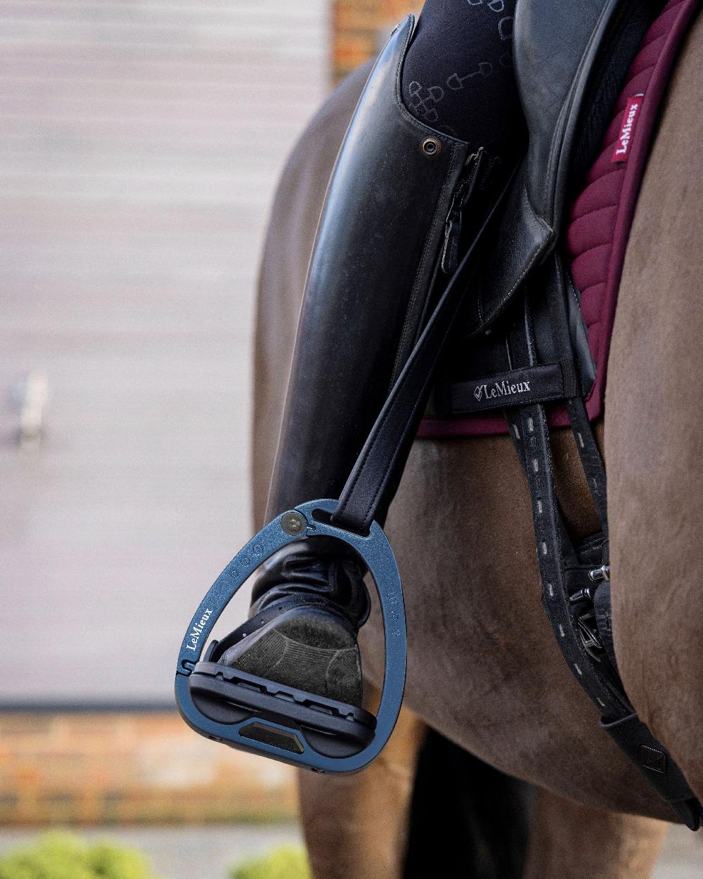 Navy coloured LeMieux Vector Balance Stirrup on blurry grey background 