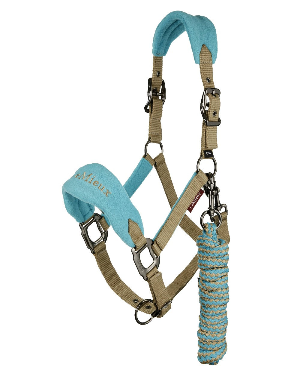 Azure coloured LeMieux Vogue Headcollar &amp; Leadrope on white background 