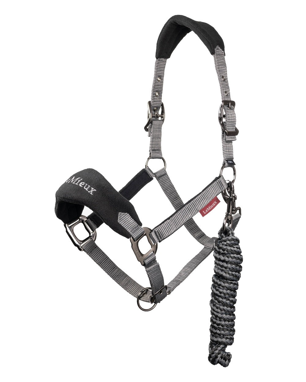 Black coloured LeMieux Vogue Headcollar &amp; Leadrope on white background 