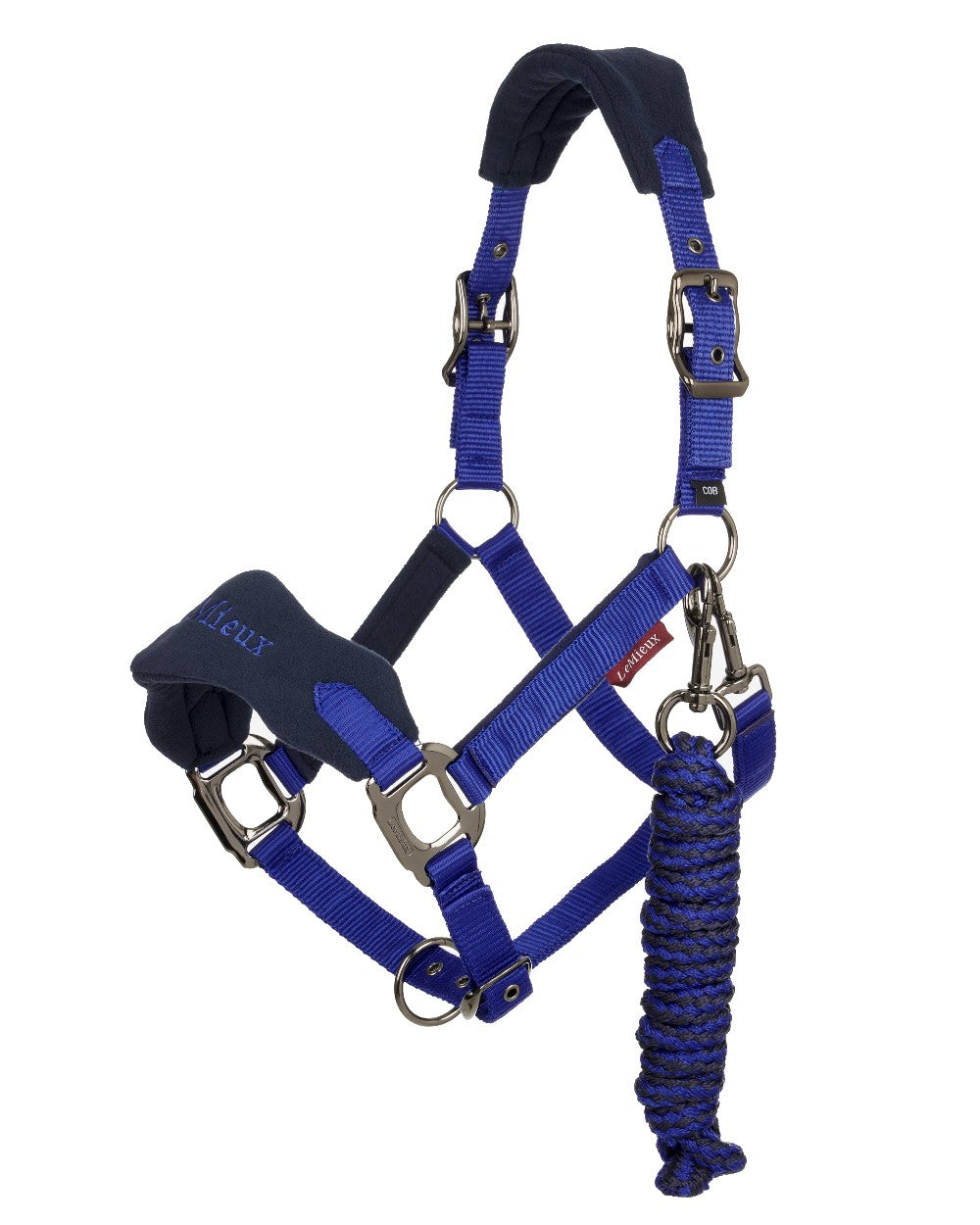 Blue coloured LeMieux Vogue Headcollar &amp; Leadrope on white background 