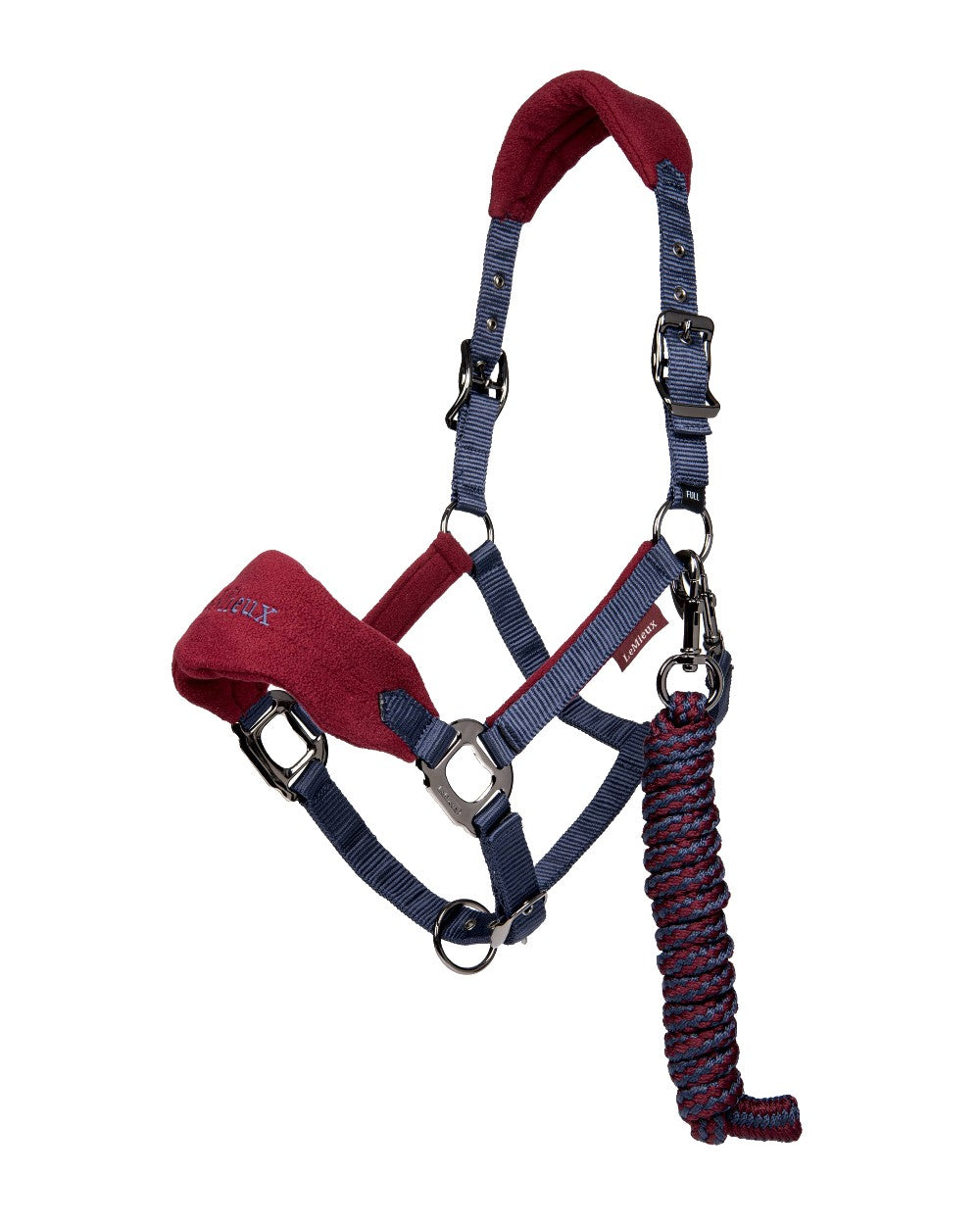 Burgundy coloured LeMieux Vogue Headcollar &amp; Leadrope on white background 