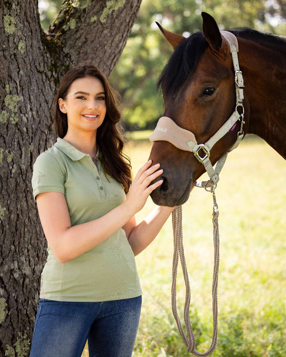 Fern coloured LeMieux Vogue Headcollar &amp; Leadrope with tree in background 