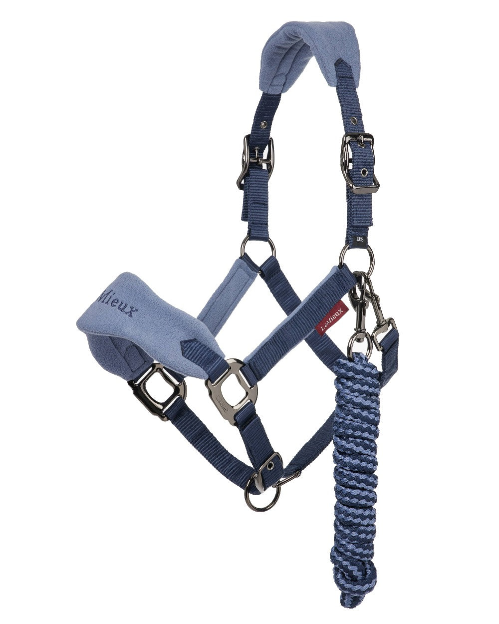 Indigo coloured LeMieux Vogue Headcollar &amp; Leadrope on white background 