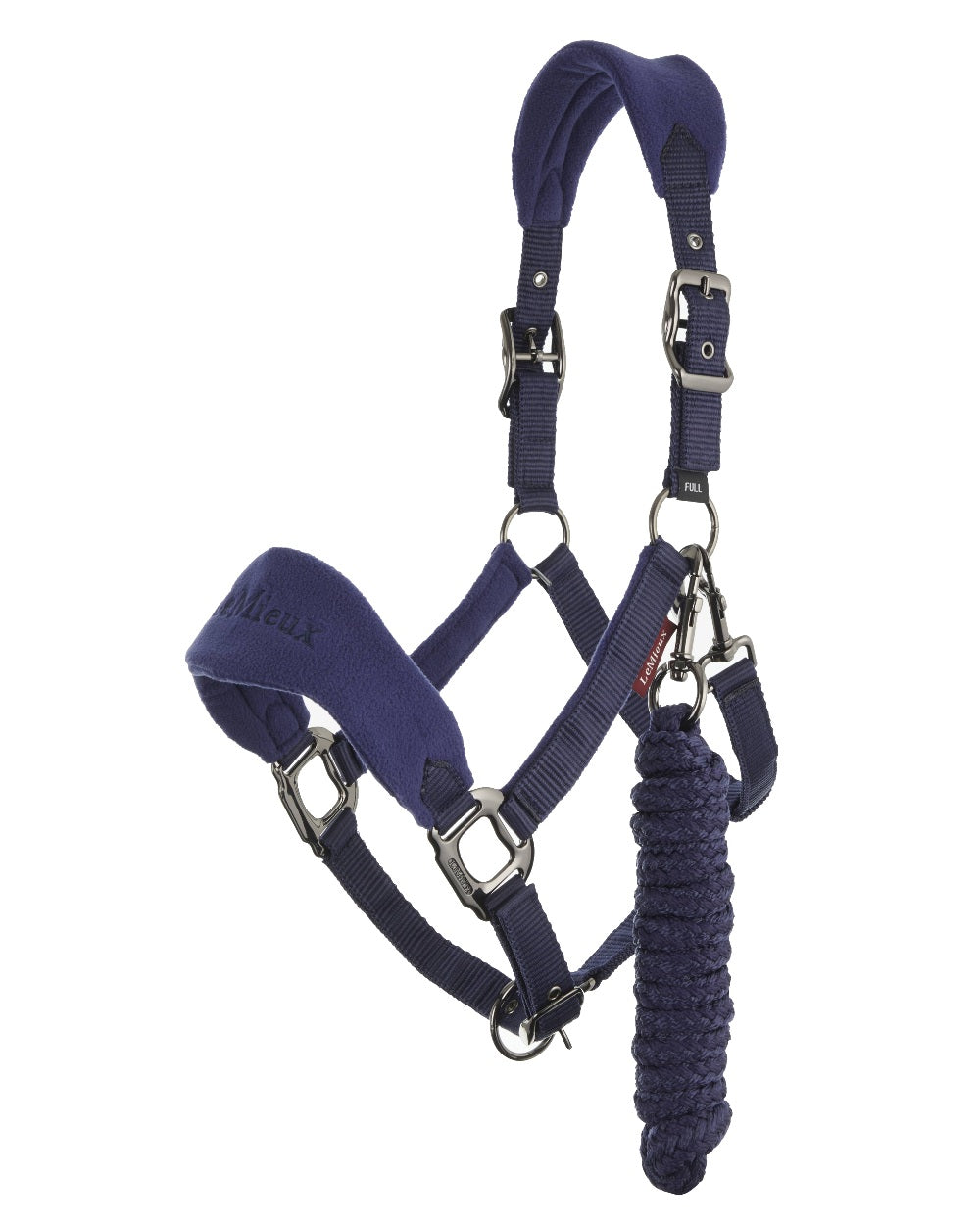 Ink Blue coloured LeMieux Vogue Headcollar &amp; Leadrope on white background 