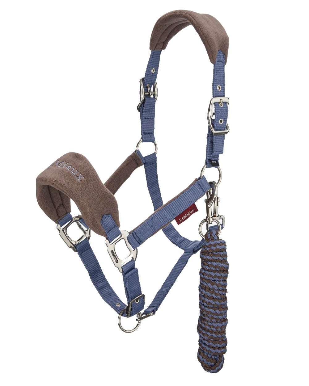 Jay Blue coloured LeMieux Vogue Headcollar &amp; Leadrope on white background 